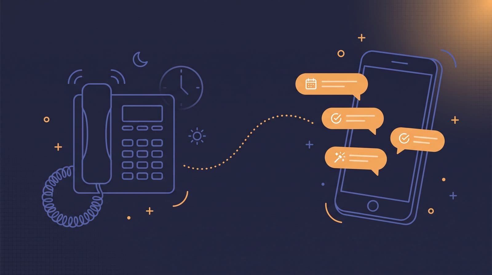 Ilustración de un teléfono fijo de recepción frente a un móvil del que salen mensajes de WhatsApp para agendar y confirmar citas